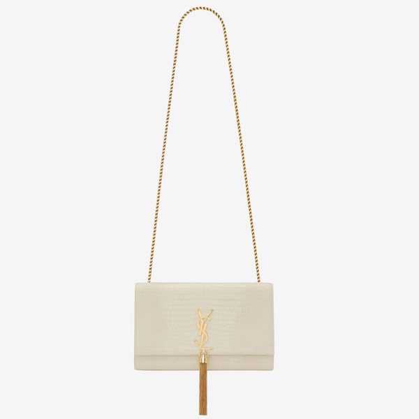 Fausse Sacoche Saint Laurent Kate Medium à Frange en Cuir Embossé Crocodile Blanc