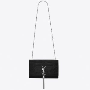 Fausse Sacoche Saint Laurent Kate Medium à Frange en Cuir Embossé Crocodile Noir