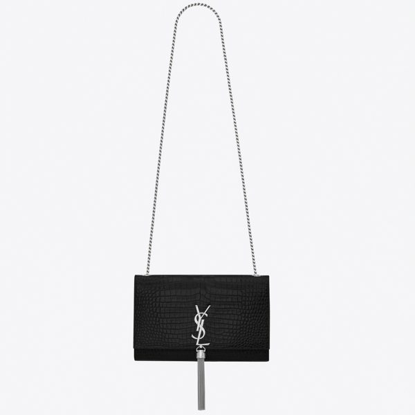 Fausse Sacoche Saint Laurent Kate Medium à Frange en Cuir Embossé Crocodile Noir