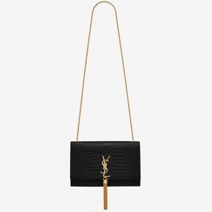 Contrefaçon Sac Saint Laurent Kate Medium à Frange en Cuir Embossé Crocodile Noir