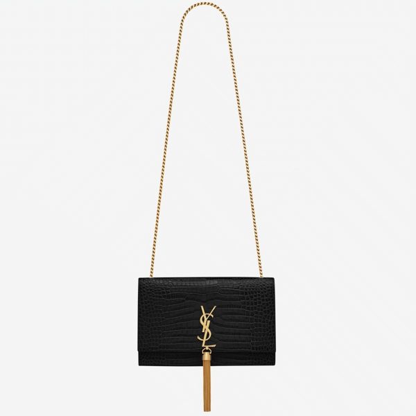 Contrefaçon Sac Saint Laurent Kate Medium à Frange en Cuir Embossé Crocodile Noir