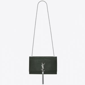 Contrefaçon Sac Saint Laurent Kate Medium à Frange en Cuir Embossé Crocodile Vert