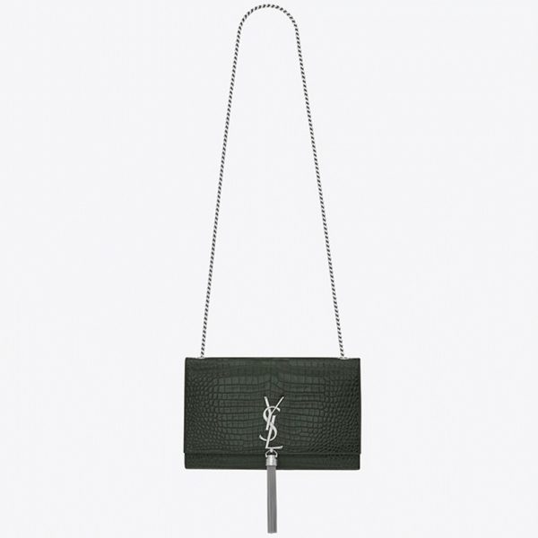 Contrefaçon Sac Saint Laurent Kate Medium à Frange en Cuir Embossé Crocodile Vert