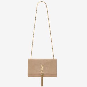 Réplique Sac Saint Laurent Kate Medium à Frange en Cuir Embossé Crocodile Beige