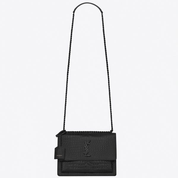 Sac Saint Laurent Sunset Medium à Chaîne Noir Intégral en Cuir Embossé Crocodile