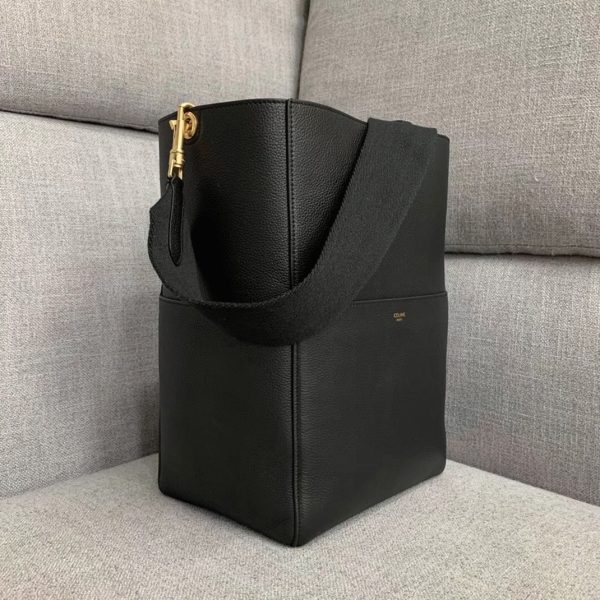 Faux Celine Sangle Bucket Sac en noir cuir de veau grainé – Image 5