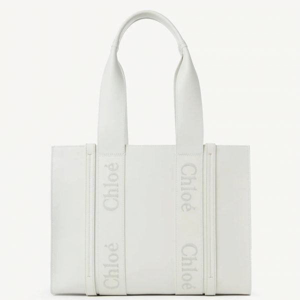 Réplique Chloe Sac Cabas Woody Moyen en cuir de veau blanc