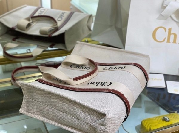 Imitation Chloe Grand Sac Cabas Woody en toile avec bandes en cuir brun – Image 10
