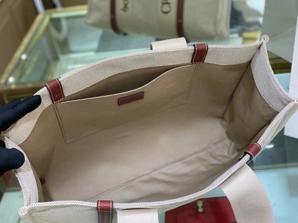 Imitation Chloe Grand Sac Cabas Woody en toile avec bandes en cuir brun – Image 9