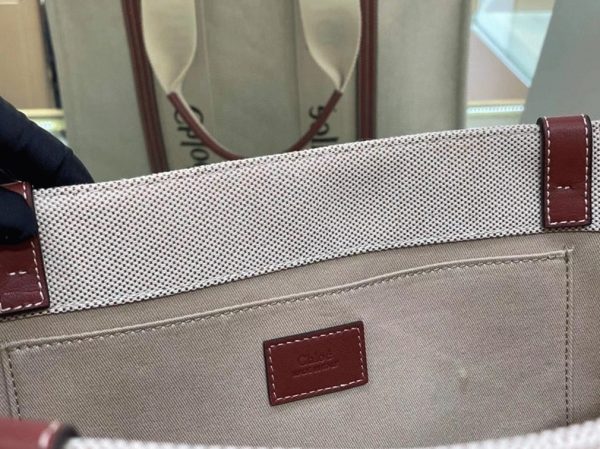 Imitation Chloe Grand Sac Cabas Woody en toile avec bandes en cuir brun – Image 7