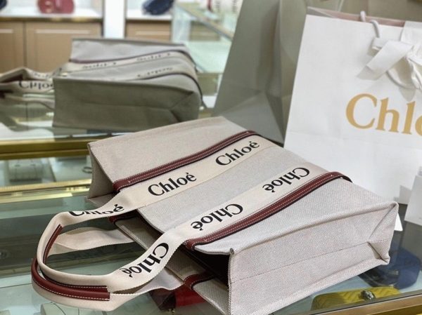 Imitation Chloe Grand Sac Cabas Woody en toile avec bandes en cuir brun – Image 6