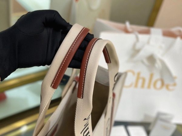 Imitation Chloe Grand Sac Cabas Woody en toile avec bandes en cuir brun – Image 5