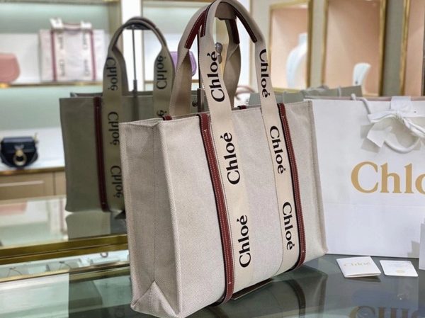 Imitation Chloe Grand Sac Cabas Woody en toile avec bandes en cuir brun – Image 4