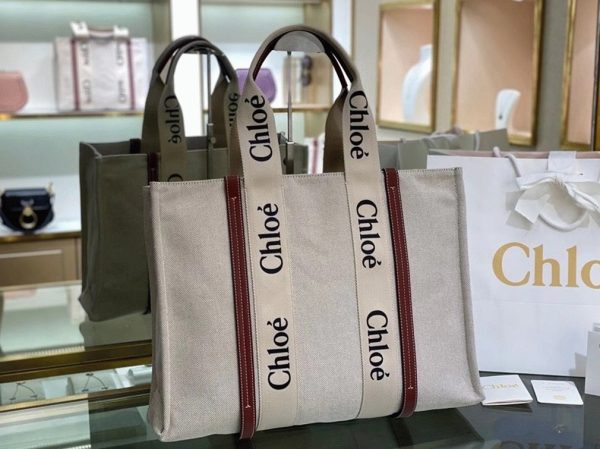 Imitation Chloe Grand Sac Cabas Woody en toile avec bandes en cuir brun – Image 3