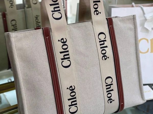 Imitation Chloe Grand Sac Cabas Woody en toile avec bandes en cuir brun – Image 2