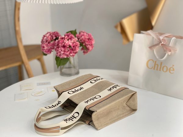 Réplique Chloe Sac Cabas Woody Moyen en toile de lin avec cuir beige – Image 10