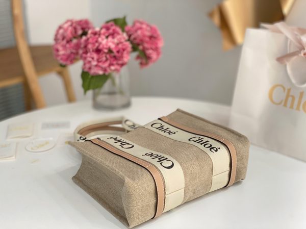 Réplique Chloe Sac Cabas Woody Moyen en toile de lin avec cuir beige – Image 8