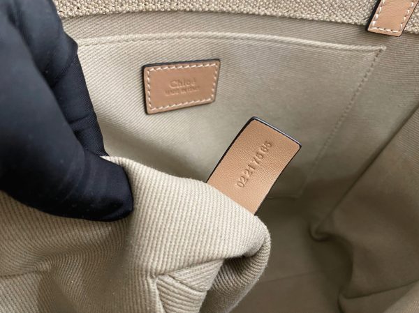 Réplique Chloe Sac Cabas Woody Moyen en toile de lin avec cuir beige – Image 7