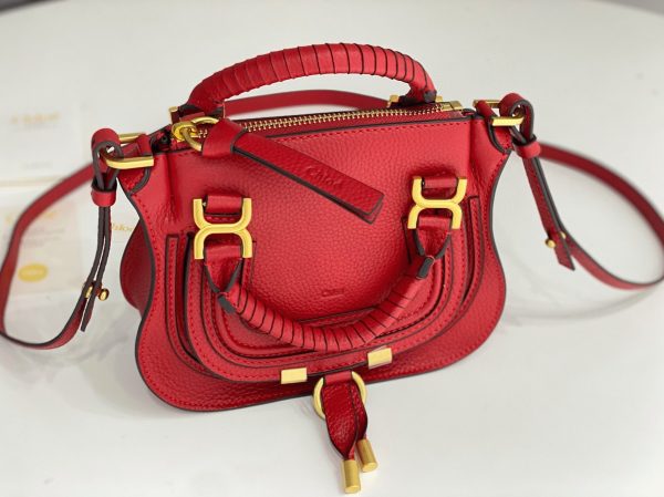 Contrefaçon Chloe Marcie Mini Sac Double Porté en cuir grainé rouge – Image 7