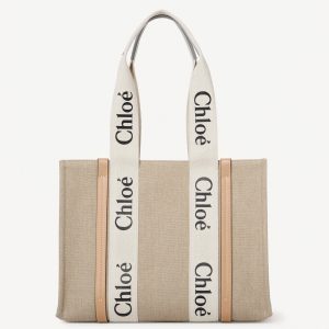 Réplique Chloe Sac Cabas Woody Moyen en toile de lin avec cuir beige