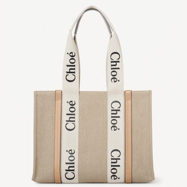 Réplique Chloe Sac Cabas Woody Moyen en toile de lin avec cuir beige