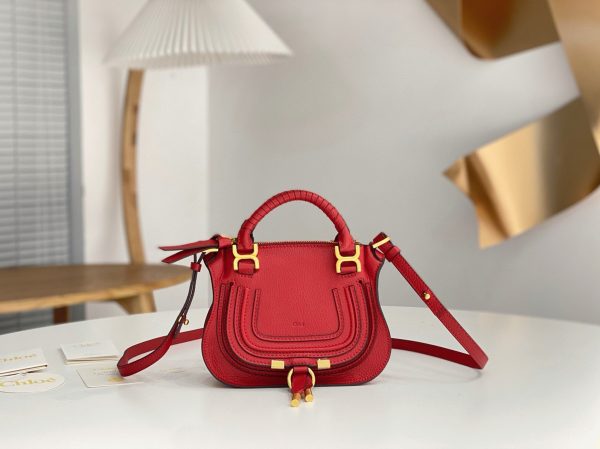 Contrefaçon Chloe Marcie Mini Sac Double Porté en cuir grainé rouge – Image 6