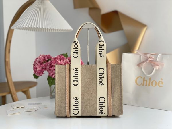 Réplique Chloe Sac Cabas Woody Moyen en toile de lin avec cuir beige – Image 4