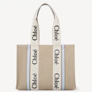 Fausse Chloe Sac Cabas Woody Moyen en toile de lin avec cuir bleu