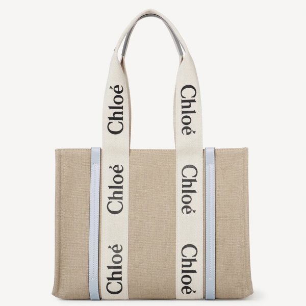 Fausse Chloe Sac Cabas Woody Moyen en toile de lin avec cuir bleu