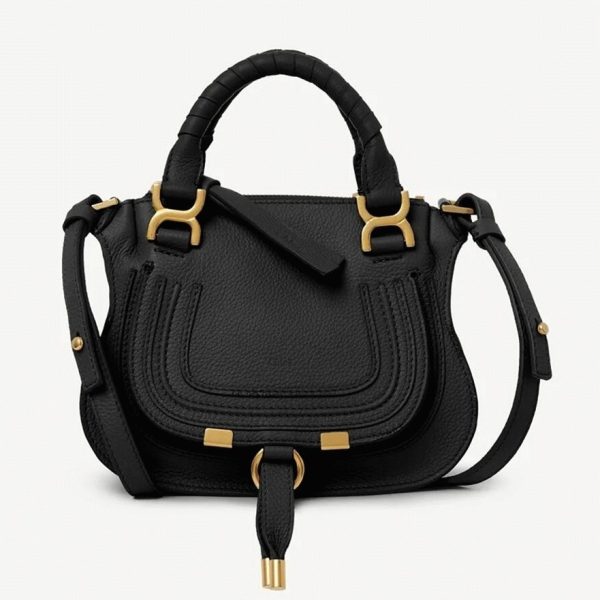 Contrefaçon Chloe Marcie Mini Sac Double Porté en cuir grainé noir