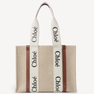 Contrefaçon Chloe Sac Cabas Woody Moyen en toile de lin avec cuir brun