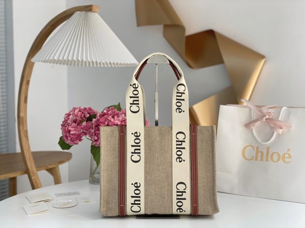 Contrefaçon Chloe Sac Cabas Woody Moyen en toile de lin avec cuir brun – Image 4