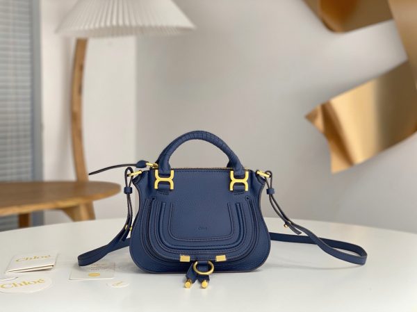 Réplique Chloe Marcie Mini Sac Double Porté en cuir grainé bleu – Image 7