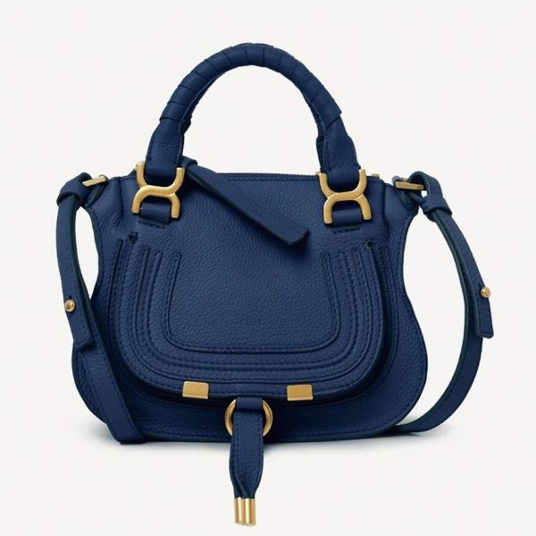 Réplique Chloe Marcie Mini Sac Double Porté en cuir grainé bleu