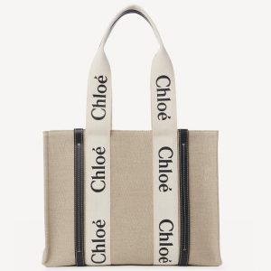 Fausse Chloe Sac Cabas Woody Moyen en toile de lin avec cuir bleu marine