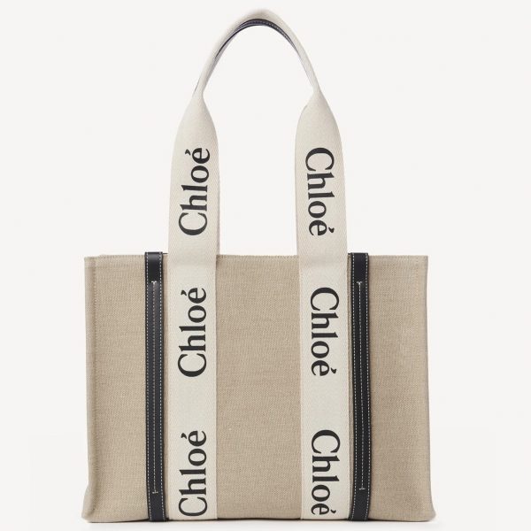 Fausse Chloe Sac Cabas Woody Moyen en toile de lin avec cuir bleu marine