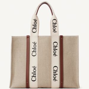 Réplique Chloe Sac Cabas Woody Moyen en toile avec bandes en cuir fauve