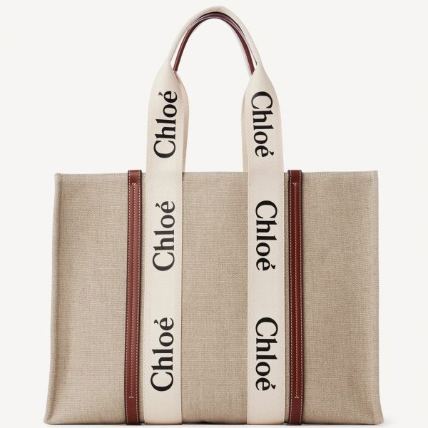 Réplique Chloe Sac Cabas Woody Moyen en toile avec bandes en cuir fauve