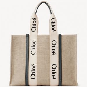 Réplique Chloe Grand Sac Cabas Woody en toile de lin avec cuir bleu marine