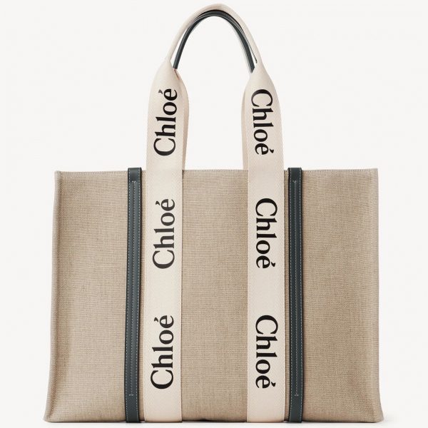 Réplique Chloe Grand Sac Cabas Woody en toile de lin avec cuir bleu marine