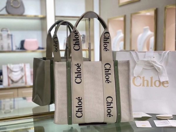 Réplique Chloe Sac Cabas Woody Moyen en toile avec bandes en cuir vert – Image 8
