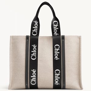 Contrefaçon Chloe Sac Cabas Woody Moyen en toile avec bandes en cuir noir