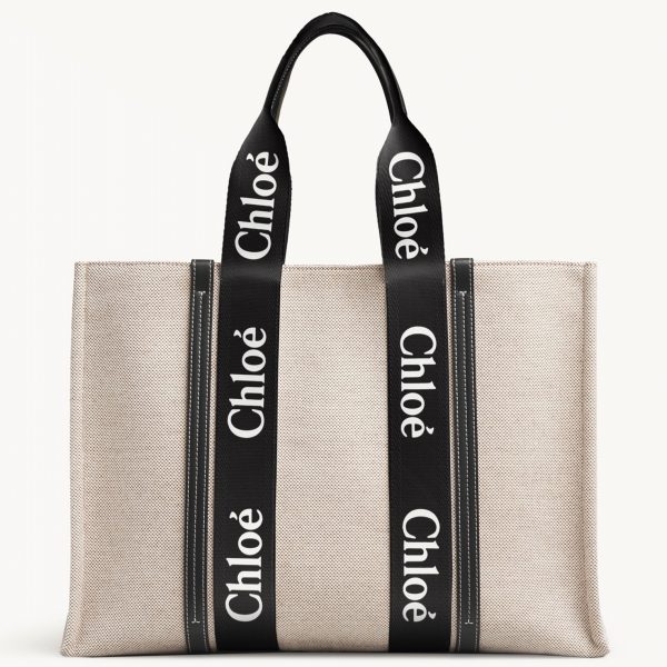 Contrefaçon Chloe Sac Cabas Woody Moyen en toile avec bandes en cuir noir