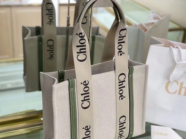 Réplique Chloe Sac Cabas Woody Moyen en toile avec bandes en cuir vert – Image 5