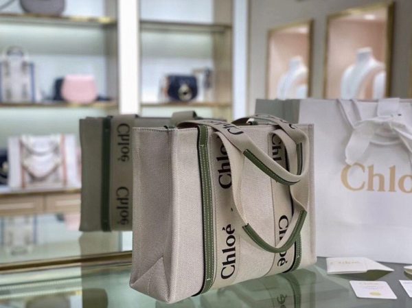 Réplique Chloe Sac Cabas Woody Moyen en toile avec bandes en cuir vert – Image 4