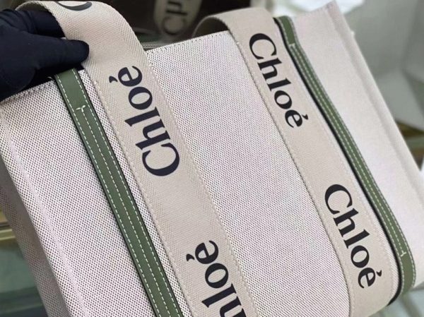 Réplique Chloe Sac Cabas Woody Moyen en toile avec bandes en cuir vert – Image 2