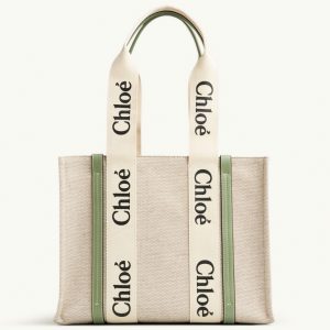 Réplique Chloe Sac Cabas Woody Moyen en toile avec bandes en cuir vert
