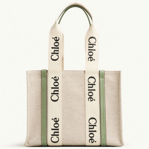 Réplique Chloe Sac Cabas Woody Moyen en toile avec bandes en cuir vert