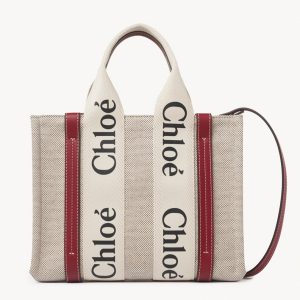 Fausse Chloe Petit Sac Cabas Woody en toile avec bandes en cuir camel
