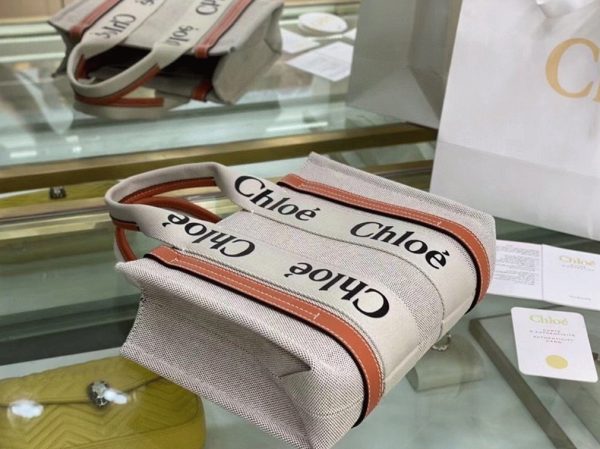 Contrefaçon Chloe Petit Sac Cabas Woody en toile avec bandes en cuir brun – Image 8